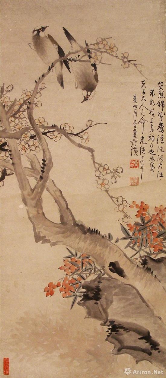 齐白石《梅花天竹白头鸟图》 &nbsp; 91cm×39.6cm &nbsp;清光绪十九年（1893年） &nbsp;辽宁省博物馆藏