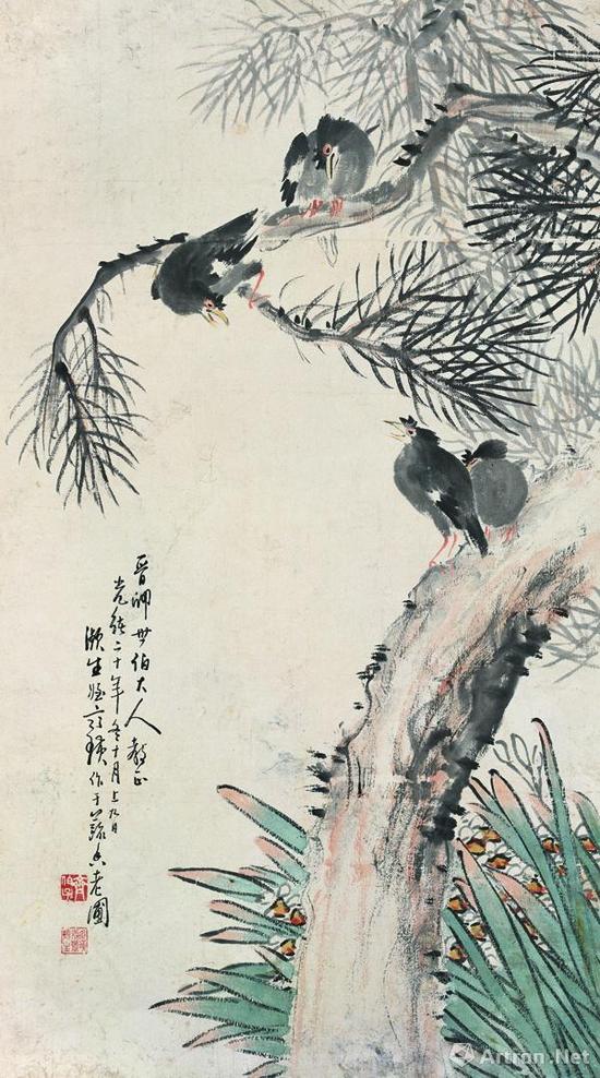 齐白石《八哥水仙》 &nbsp;1894年 纸本设色 85×48cm 北京画院藏